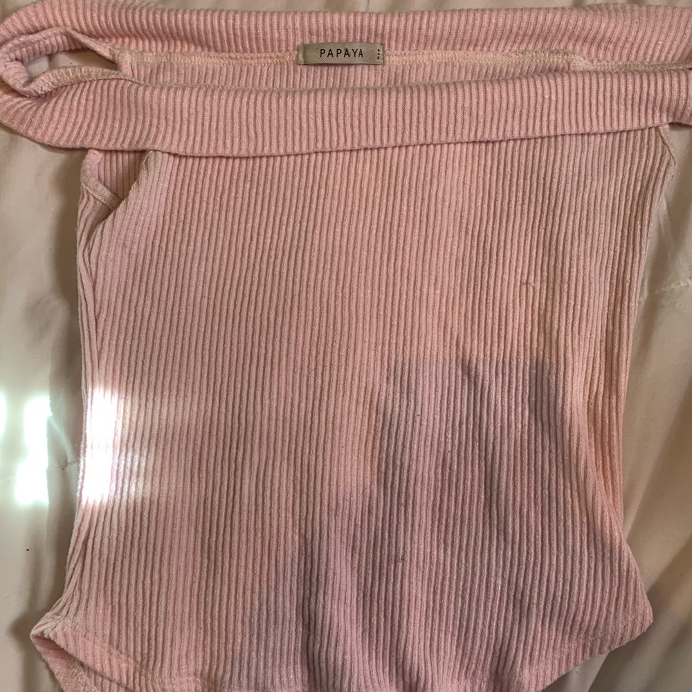Off the shoulder, pink Top.
